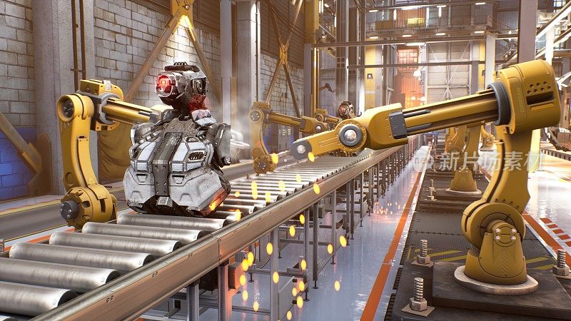 自动化机器人装配线。机器人在工厂的机器人零件生产线上工作。技术和自动化。3 d渲染。